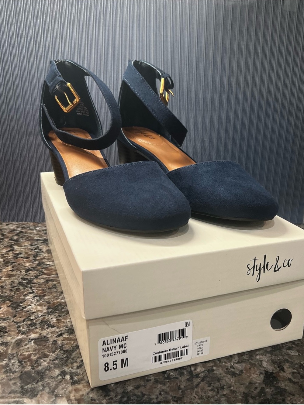 Style & Co. Navy Suede Ankle-Strap Mid Heels